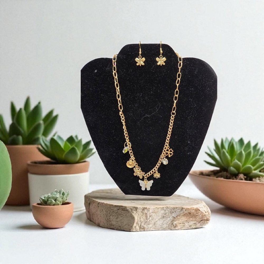 Gold Butterfly Charm Necklace Set w/ Earrings| Available In Several Colors - Picture 12 of 15